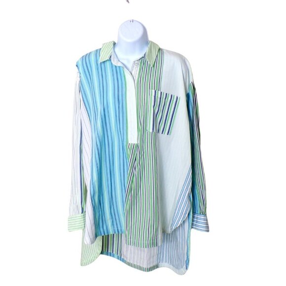 Maeve by Anthropologie Alix Button Down Stripe Henley Patchwork Oversized M #488 - Picture 1 of 8